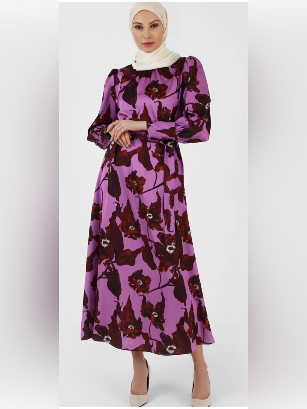 Purple Floral Maxi Dress with Burgundy Print